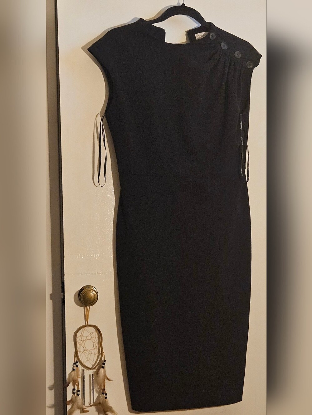 Calvin Klein Black Midi Sheath Dress with Buttoned Shoulder (8)